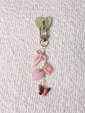 Gold Heart Clip Keychain with Pink Charms - Bow, Heart, Book, Butterfly
